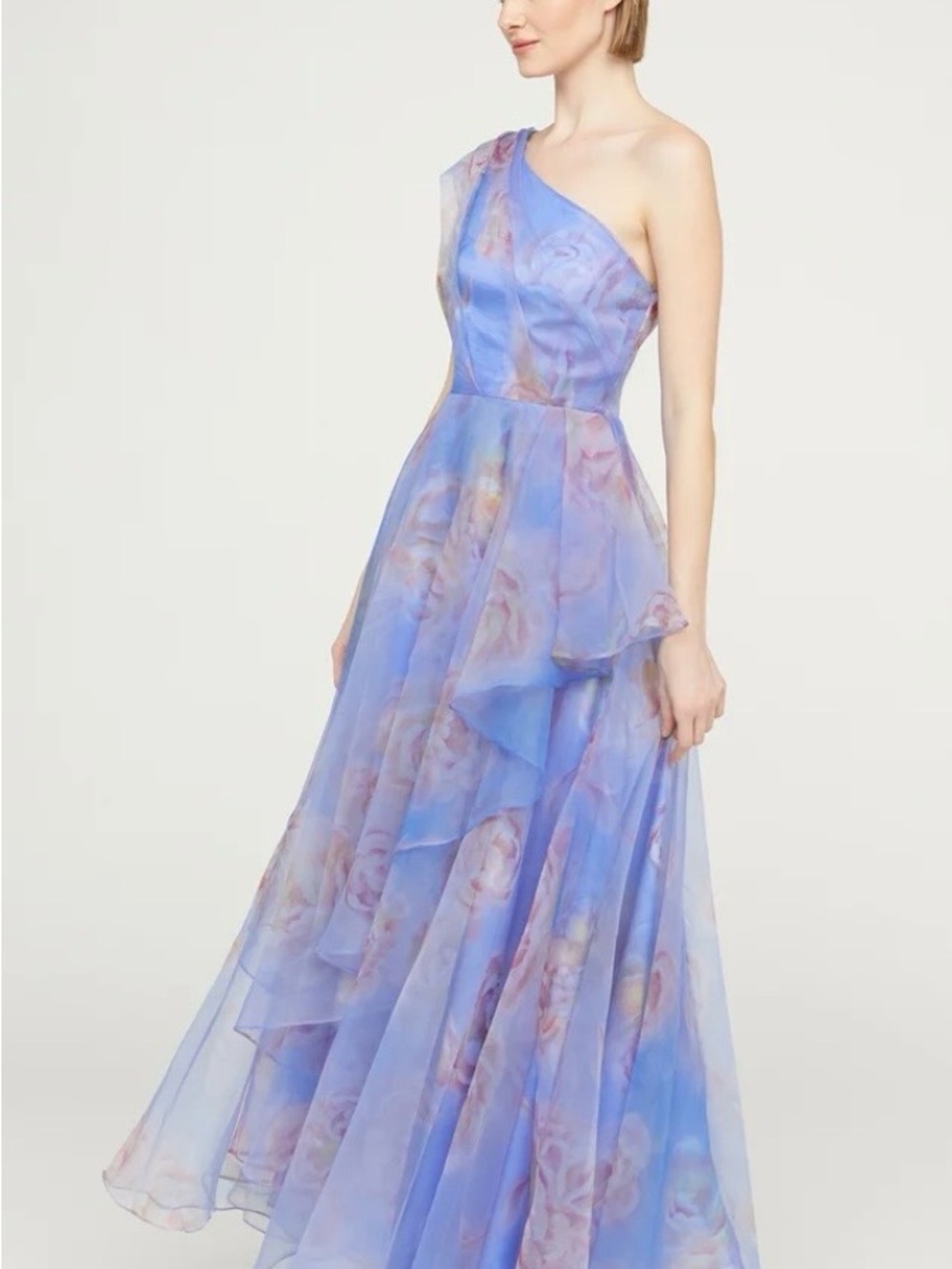 Theia One-Shoulder Blue Lavender Floral Augusta Evening Gown - Picture 4 of 6